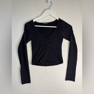 Brandy Melville black ruched v-neck crop top, one size